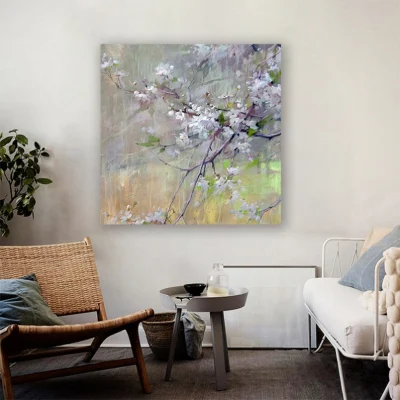 Quadri dipinti a mano di tela, Arte di tela parete di ciliegio Blossom estetica Nordic Rectangle Artwork spatola Textured Frameless fresco pittura Grande arredamento domestico
