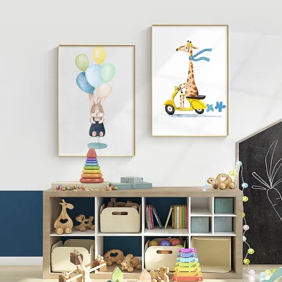 Posters e stampe Hanging cute Animal Kids Decoration Poster Living Set di animali da camera con pareti in muratura e con cornici botanici