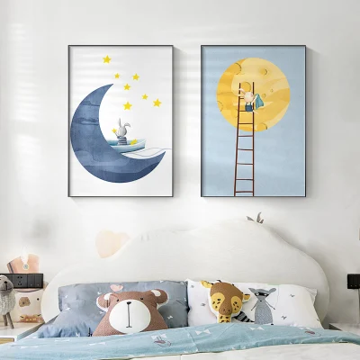 Posters e stampe Hanging cute Animal Kids Decoration Poster Living Set di animali da camera con pareti in muratura e con cornici botanici