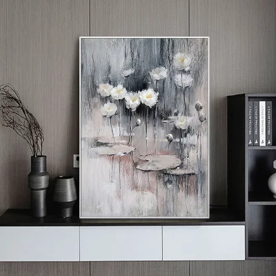 Black and White Wall stampe d&prime;arte su misura fiore di loto Pittura di tela di olio di mano per decorazione domestica