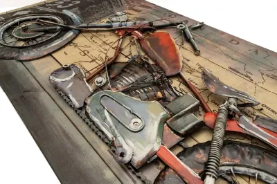 Vancy Arts 3D Grande Muraglia Arte metallo Moto Moto artigianale martellato Metallo zincato verniciato a mano Pronto ad appendare 3D parete metallica Arte