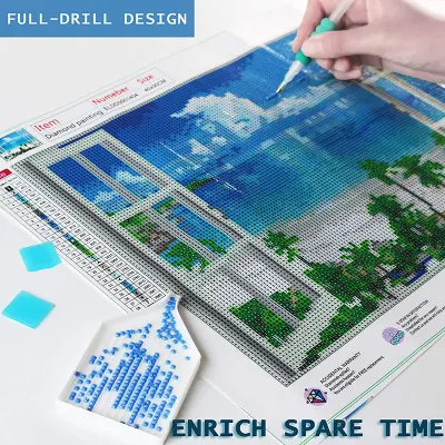 Pittura di diamante FaiDaTing Full Drill Cloud, Mare e alberi fuori della finestra Ricamo di diamante Casa decorazioni della parete disegno Arte