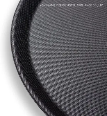 Vassoio con barra nera antiscivolo in plastica rotonda per servire i camerieri Vassoio non skid da 11&quot;