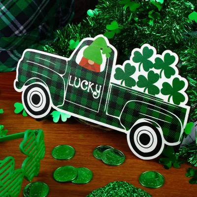 Cartello porta cartello in legno con scritta Hanging Decoration Buffalo Plaid Truck Board Decorazione a placca per il giorno di Patrick