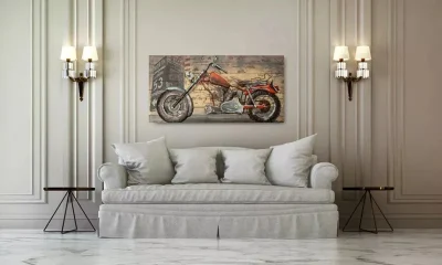 Vancy Arts 3D Grande Muraglia Arte metallo Moto Moto artigianale martellato Metallo zincato verniciato a mano Pronto ad appendare 3D parete metallica Arte