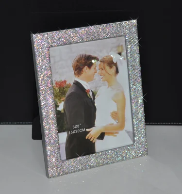 Ea007 Photo Holder specchio di vetro con bordo in cristallo brillante uso In piedi con l&prime;Easel incluso o Ready to Hang Silver Bling Cornice fotografica Diamond