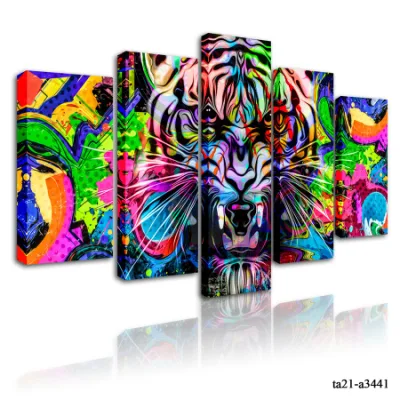 Tela stirata personalizzata su legno telaio Tiger Design 5 pannelli Pittura di tela pronta per appicarsi