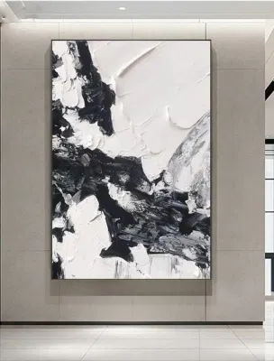Dipinto ad olio di astratto pesante, nero e bianco, fatto a mano Grafica da parete 3D Canvas