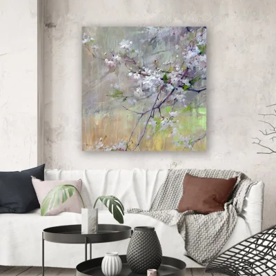 Quadri dipinti a mano di tela, Arte di tela parete di ciliegio Blossom estetica Nordic Rectangle Artwork spatola Textured Frameless fresco pittura Grande arredamento domestico