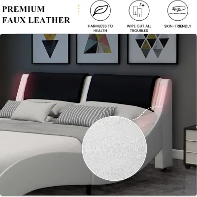 Willsoon basso profilo con plateau, struttura letto dal design moderno, letto queen size/full size a forma di onda Letto imbottito in pelle LED Light struttura in legno