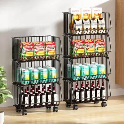 Rack impilabile a 3 livelli per contenitori carrelli da cucina 360 rotanti Frutta cesto di verdure conservazione Organizzatore pavimento in piedi 5% di sconto