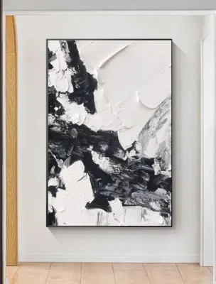 Dipinto ad olio di astratto pesante, nero e bianco, fatto a mano Grafica da parete 3D Canvas