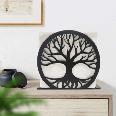 Supporto per tovagliolo da tavolo in ferro battuto in metallo forma Denim con albero grande Supporto verticale per tovagliatore di carta per rack di conservazione