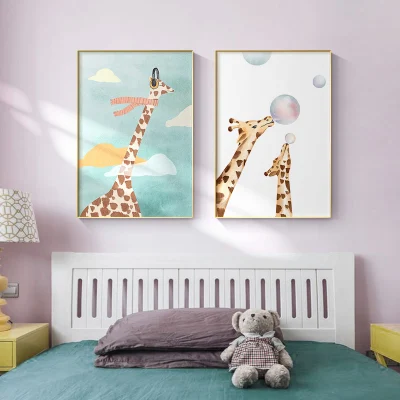 Posters e stampe Hanging cute Animal Kids Decoration Poster Living Set di animali da camera con pareti in muratura e con cornici botanici