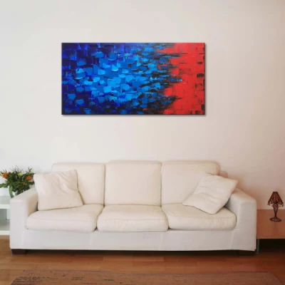 Arte da parete dell&prime;astratto dipinta a mano blu e rosso
