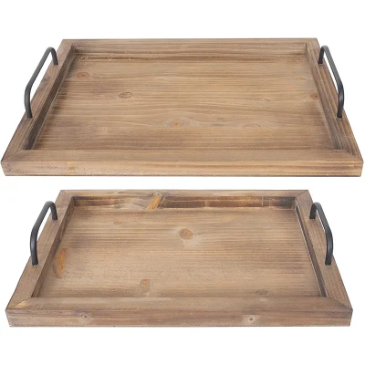 Vassoio di servizio rustico arcaistico in legno con manici in metallo per tè/caffè/torte/bevande/colazione