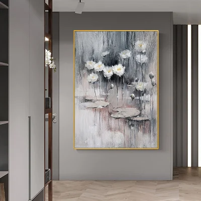 Black and White Wall stampe d&prime;arte su misura fiore di loto Pittura di tela di olio di mano per decorazione domestica