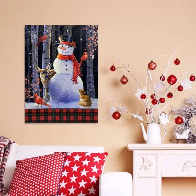 Decorazioni natalizie Snowman Wall Art colorato Winter LED luce tela Stampa per le festività