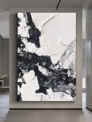 Dipinto ad olio di astratto pesante, nero e bianco, fatto a mano Grafica da parete 3D Canvas