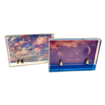 Home decorazione acrilico Instant Frame liquido 6X4 Picture Photo Frame Con Blue Water e carino pinguini galleggianti