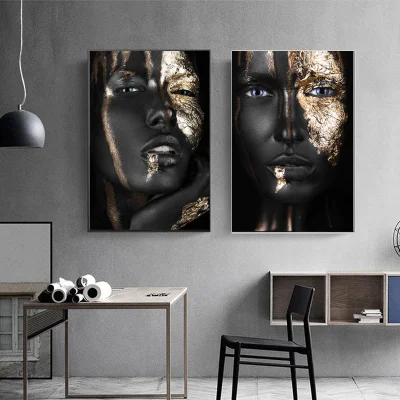 African Woman Portrait Golden Luxury Canvas Wall Art Pitting Modern Home decorazione Camera Stampa cornice immagine Oro lamina