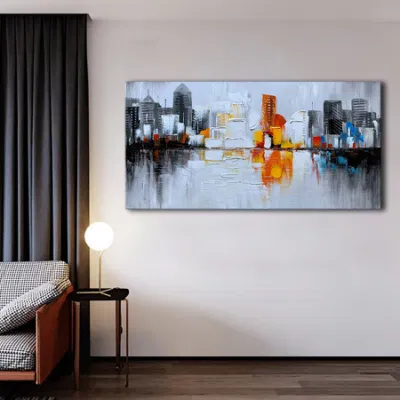 Dipinto a mano a mano a mano con pittura ad olio della città 3D paesaggio urbano parete astratta Arte con olio spesso vernice