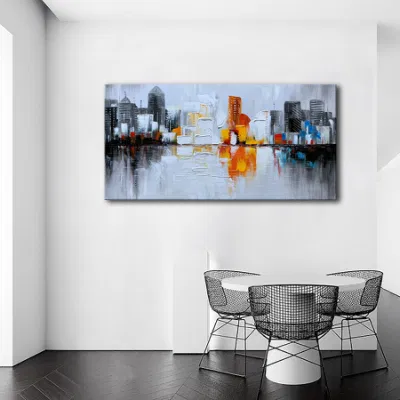 Dipinto a mano a mano a mano con pittura ad olio della città 3D paesaggio urbano parete astratta Arte con olio spesso vernice