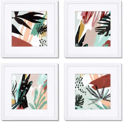 4 pannelli cornice bianca con cornice botanica Set da collage Wall Arte
