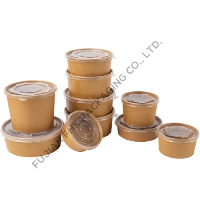 Contenitore per insalata di frutta in carta rotonda Kraft monouso da 1300 ml biodegradabile Take-away Noodle contenitore per fast food recipiente di carta con coperchio