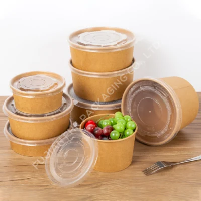 Contenitore per insalata di frutta in carta rotonda Kraft monouso da 1300 ml biodegradabile Take-away Noodle contenitore per fast food recipiente di carta con coperchio