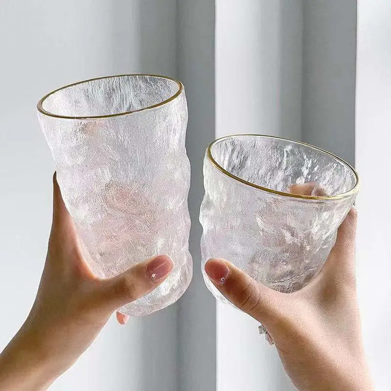 310ml 370ml 10oz 12oz Glacier Grain Glass Cup Simple Milk Juice Glass Mug Glass Coffee Cup Beer Mug with Hand Gift Tumbler Wholesale