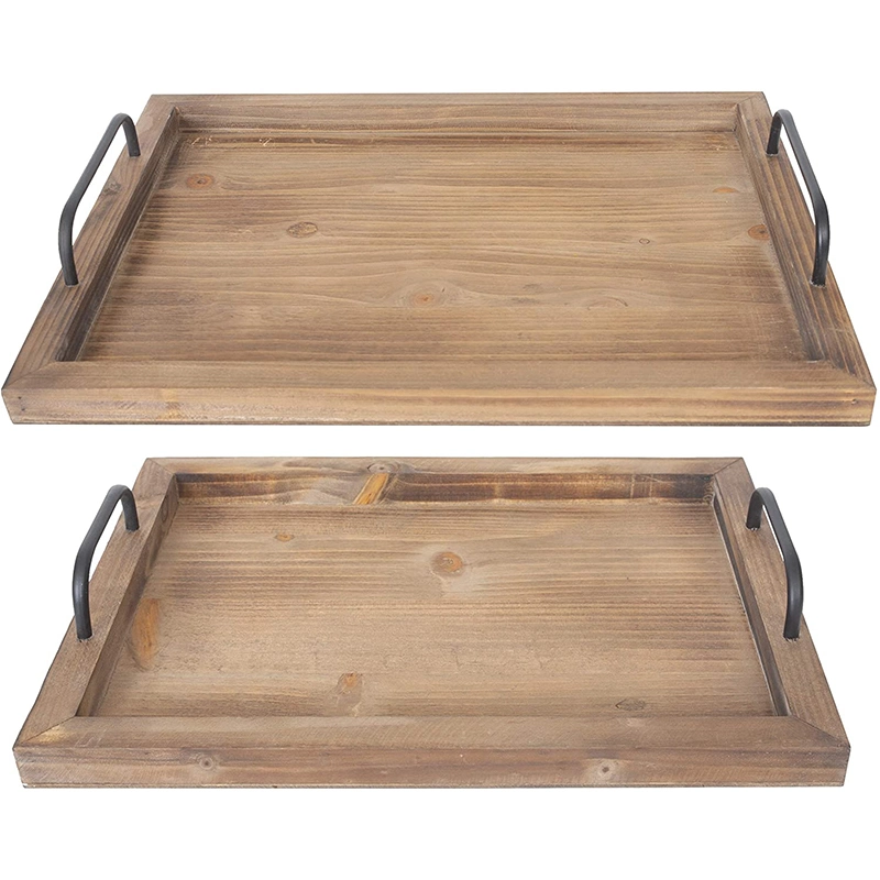 Wooden/Wood Archaistic Rustic Serving Tray with Metal Handles for Tea/Coffee/Cakes/Drinks/Breakfast