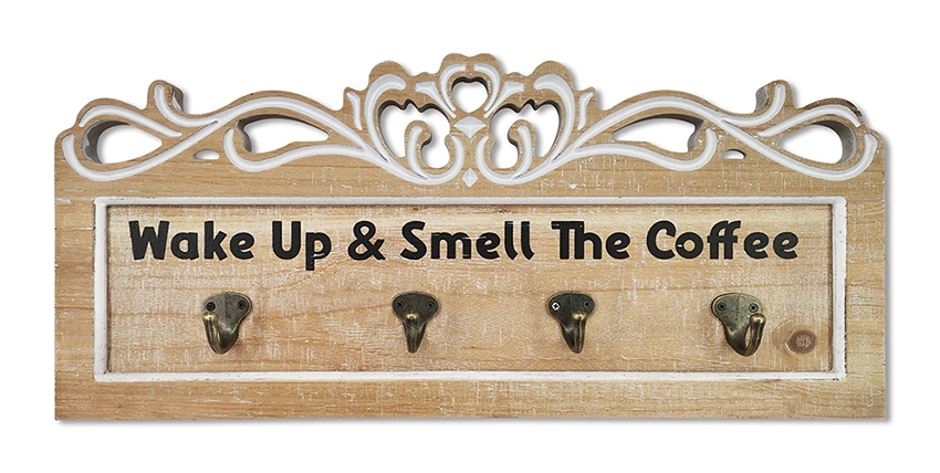 European Style Sanded White Finishing Decorative Wooden Sign with 4 Hooks