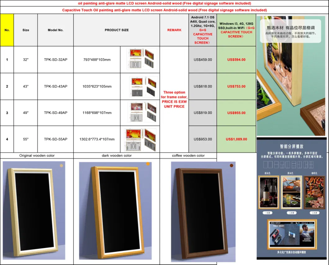 Electronic Video Advertising Android WiFi LCD Digital Photo Picture Frame with Anti-Glare Matte Oil Painting Screen