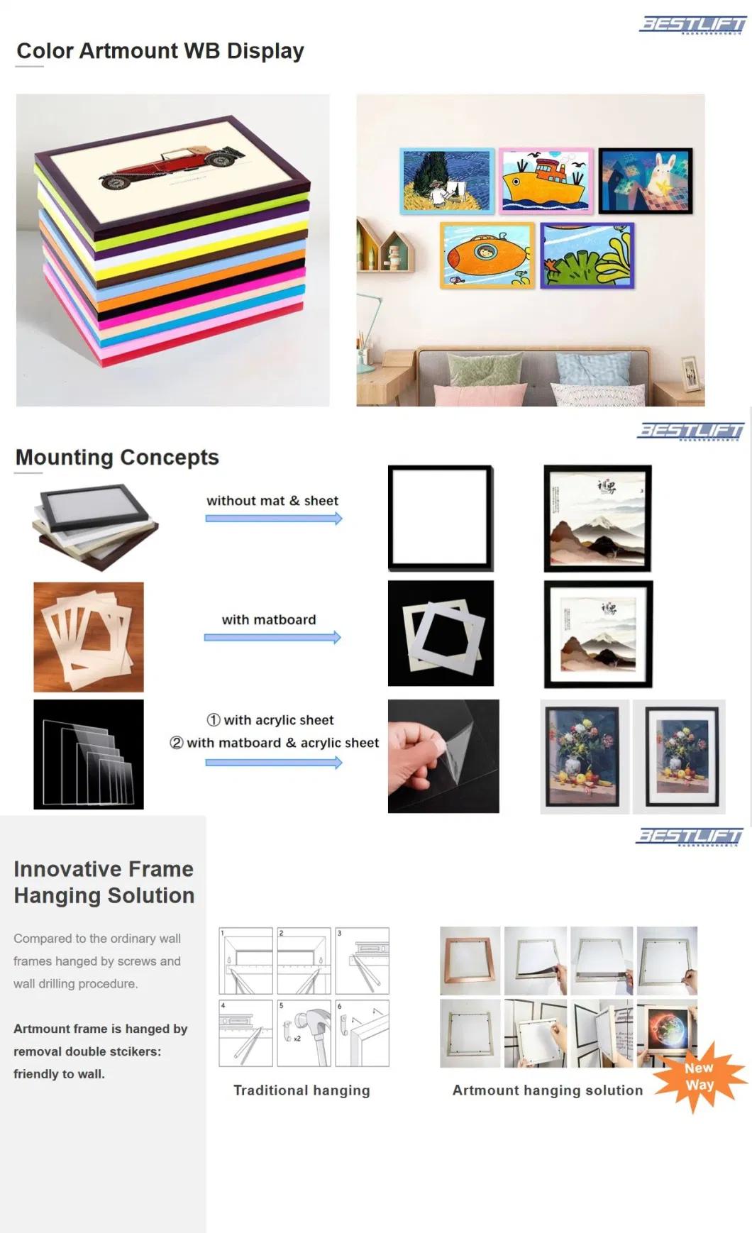 Factory Supplied PS Plastic Photo Frame Various Colors Wall Mounted Picture Stand Artwork Display Artwork for Home Decoration