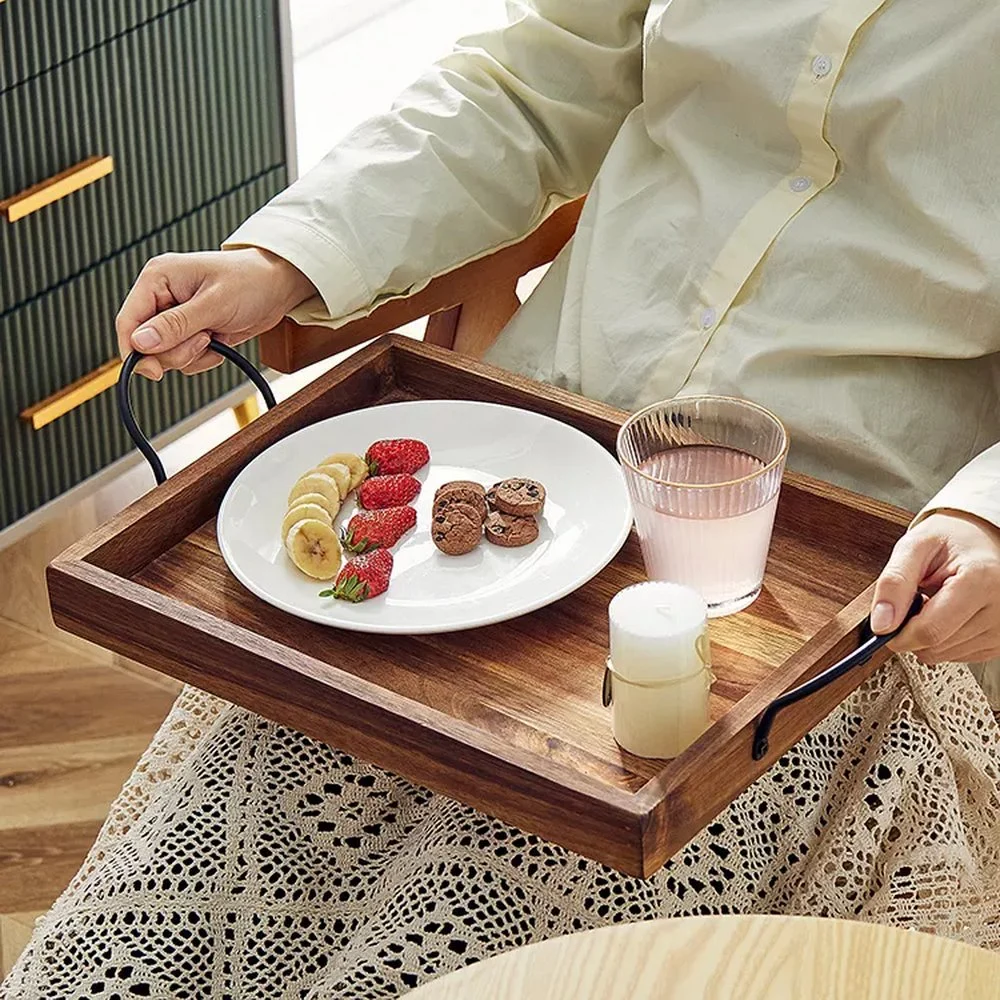 Custom Acacia Wooden Serving Tray with Metal Handles for Breakfast Cake Coffee Food