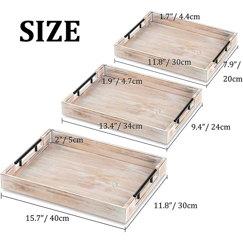 Rustic Wooden/Wood Serving Tray with Metal Handles for Tea/Coffee/Drinks/Meal/Wine