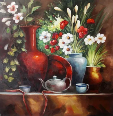Handmade Classical Flower &amp; Vase Oil Painting on Canvas