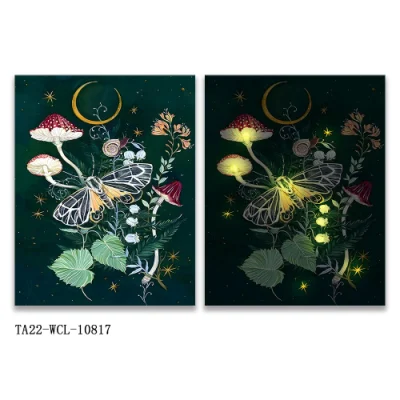 Vintage Style Moth Taxidermy and Mushroom Print Canvas LED Light Painting Living Room Art