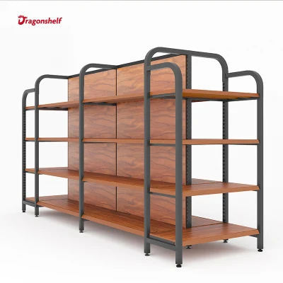  Supermarket Shelf Four-Column Wood Grain Steel Frame with Guardrail Multi-Layer Display Rack