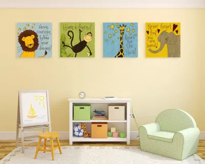  4 Pieces Modern Animals Stretched Framed Wall Art Kid Style Canvas Painting for Bathroom Nursery Decor