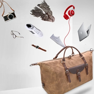 Fashionable Oversized Waterproof Canvas Genuine Leather Weekend Sports Brown Travel Duffel Bag