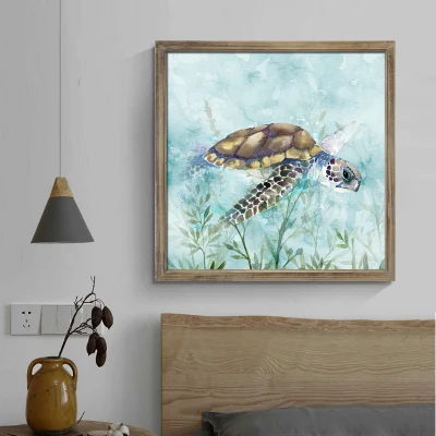  Rustic Framed Wall Art Sea Turtle Picture Solid Wood Frame UV Print Wood Wall Plaque for Toilet Restroom