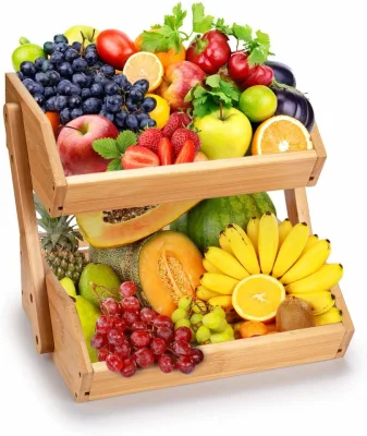 Hot Sell 2 Tier Kitchen Countertop Bread Storage Vegetable Bamboo Fruit Basket