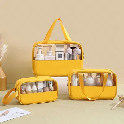  Multiple Colors 3PCS Portable PU &amp; PVC Clear Travel Makeup Cosmetic Case Hanging Toiletry Bag