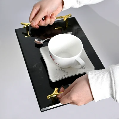  Popular Rectangle Marble Serving Tray with Branch Metal Handle for Home Decorative Table Tray