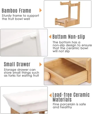 Kitchen 2 Tier Bamboo Fruit Drain Stand Snack Nuts Dessert Cake Organizer Ceramic Fruit Bowl Basket Food and Vegetables Holder