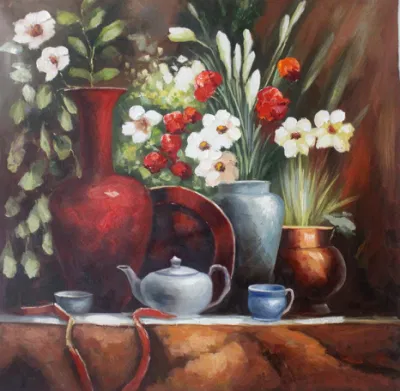 Handmade Classical Flower &amp; Vase Oil Painting on Canvas