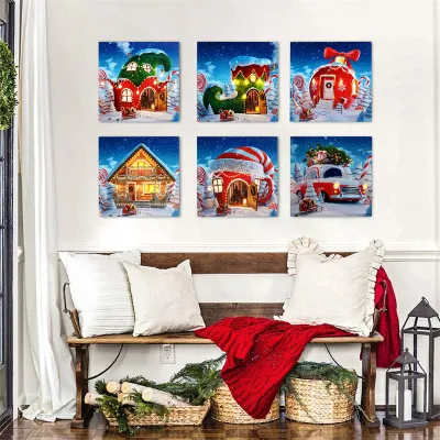  LED Lighted House Winter Scene Christmas Canvas Wall Art for Decor Decoration