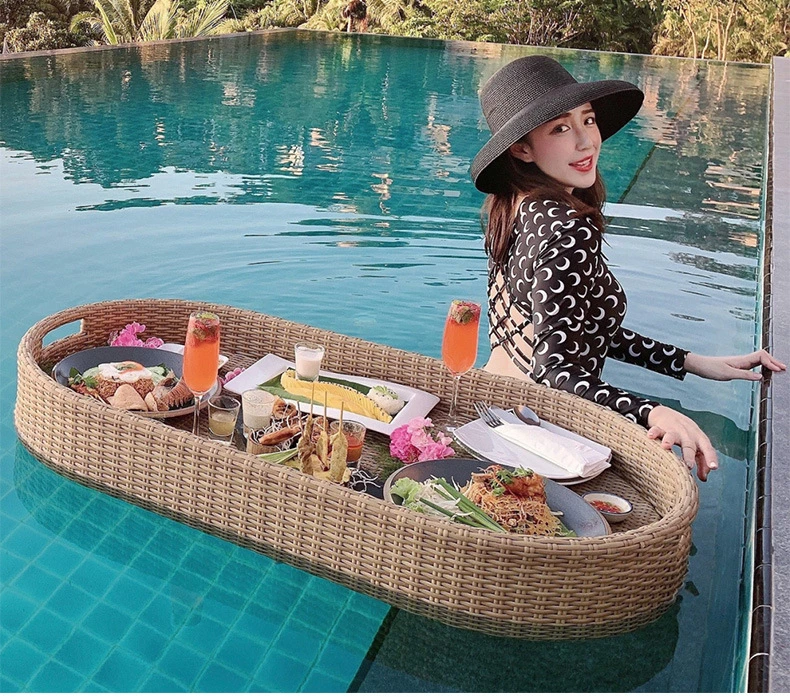 Water Food Rattan Serving Tray Floating Breakfast Tray for Swimming Pool